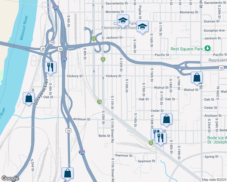 map of restaurants, bars, coffee shops, grocery stores, and more near 2415 South 11th Street in Saint Joseph