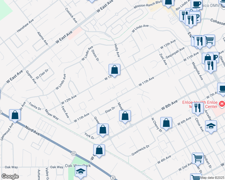map of restaurants, bars, coffee shops, grocery stores, and more near 837 Sequoyah Avenue in Chico