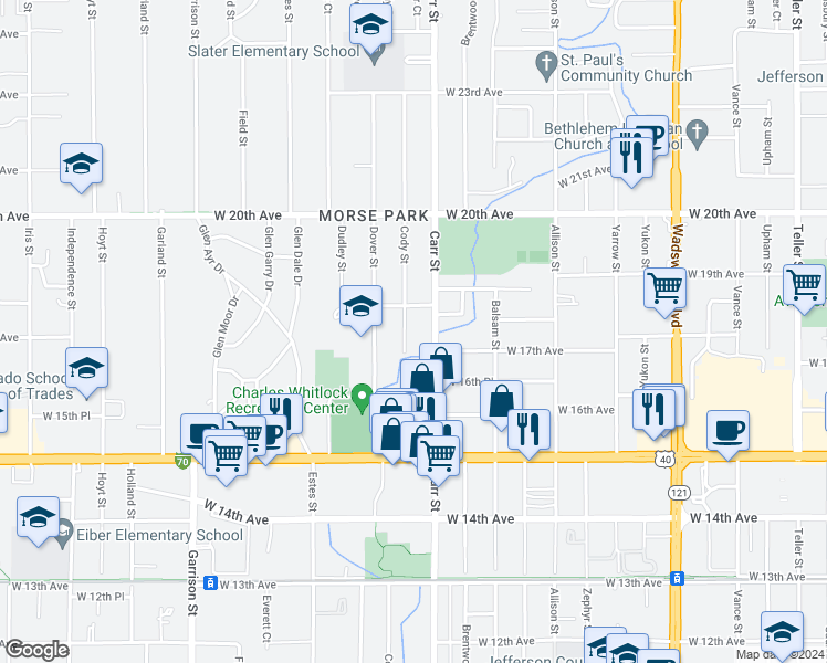 map of restaurants, bars, coffee shops, grocery stores, and more near 1700 Cody Street in Lakewood