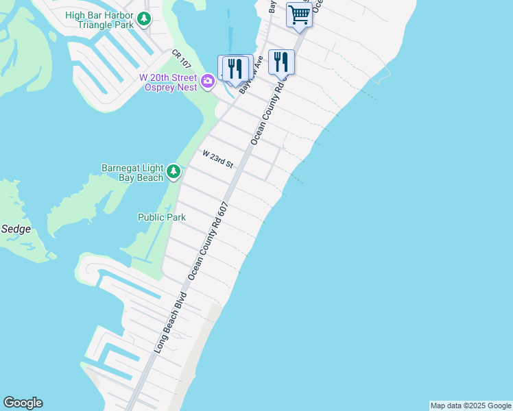 map of restaurants, bars, coffee shops, grocery stores, and more near 17 East 24th Street in Barnegat Light