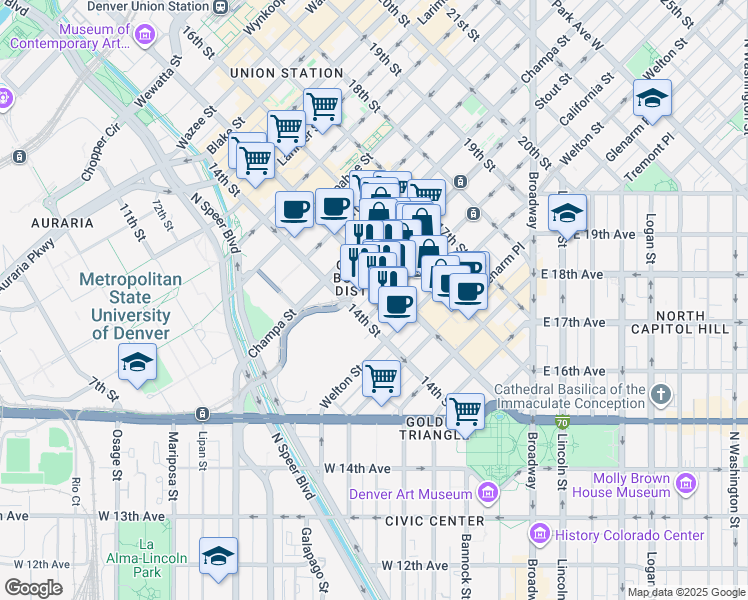 map of restaurants, bars, coffee shops, grocery stores, and more near 1475 California Street in Denver