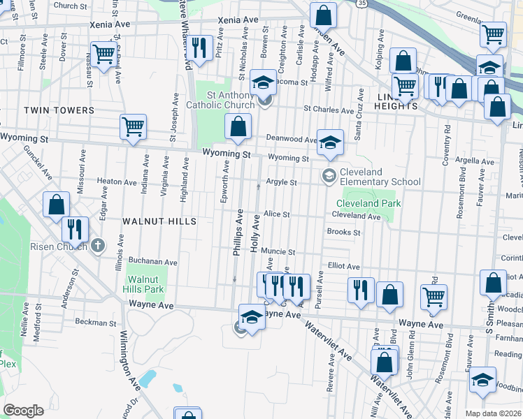 map of restaurants, bars, coffee shops, grocery stores, and more near 1150 Holly Ave in Dayton