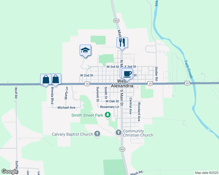 map of restaurants, bars, coffee shops, grocery stores, and more near 32 U.S. 35 in West Alexandria