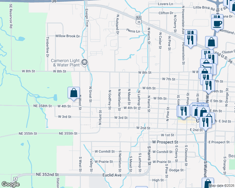 map of restaurants, bars, coffee shops, grocery stores, and more near 511 North Nettleton Street in Cameron