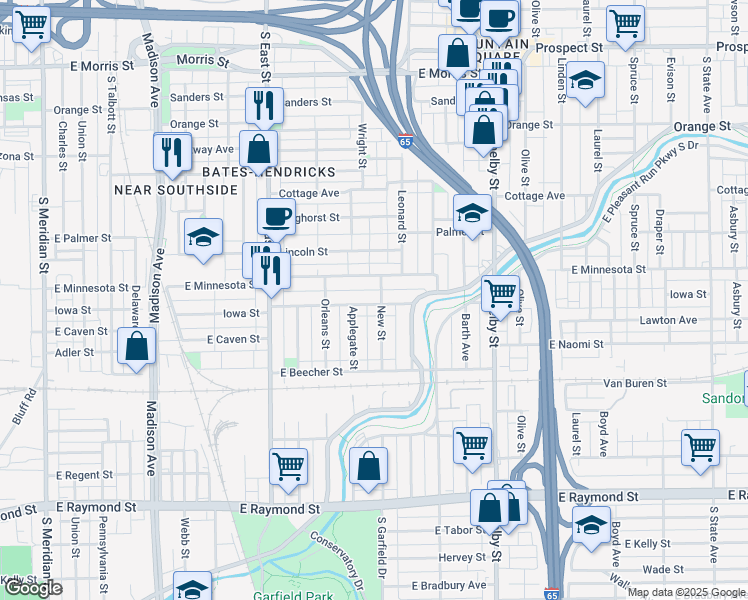 map of restaurants, bars, coffee shops, grocery stores, and more near 826 Iowa Street in Indianapolis
