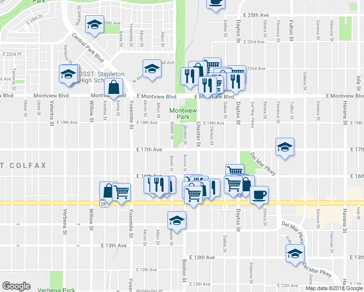 map of restaurants, bars, coffee shops, grocery stores, and more near 1701 Boston Street in Aurora