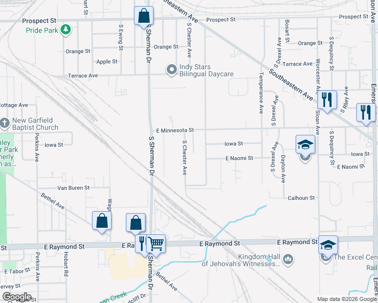 map of restaurants, bars, coffee shops, grocery stores, and more near 1729 South Chester Avenue in Indianapolis
