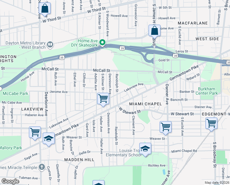 map of restaurants, bars, coffee shops, grocery stores, and more near 693 Randolph St in Dayton