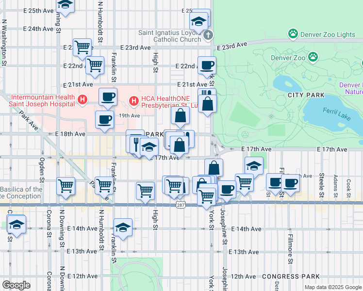map of restaurants, bars, coffee shops, grocery stores, and more near 1743 Vine Street in Denver