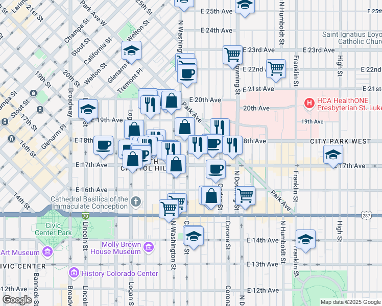 map of restaurants, bars, coffee shops, grocery stores, and more near 1732 North Clarkson street in Denver
