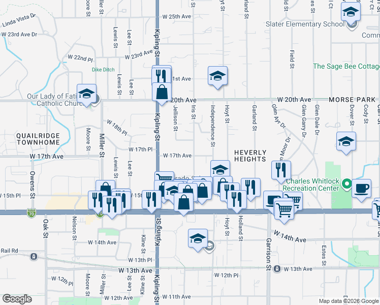 map of restaurants, bars, coffee shops, grocery stores, and more near 1725 Iris Street in Lakewood