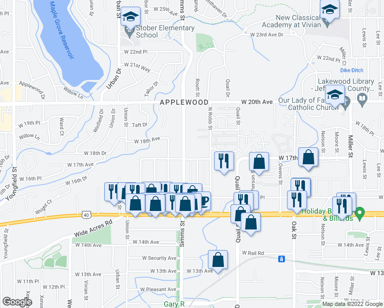 map of restaurants, bars, coffee shops, grocery stores, and more near 1750 Simms St in Lakewood