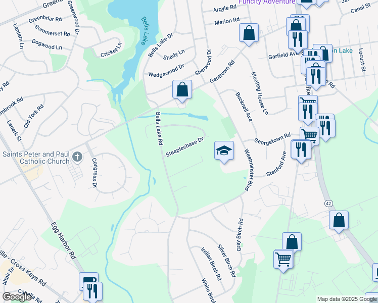 map of restaurants, bars, coffee shops, grocery stores, and more near 10 Steeplechase Drive in Washington Township