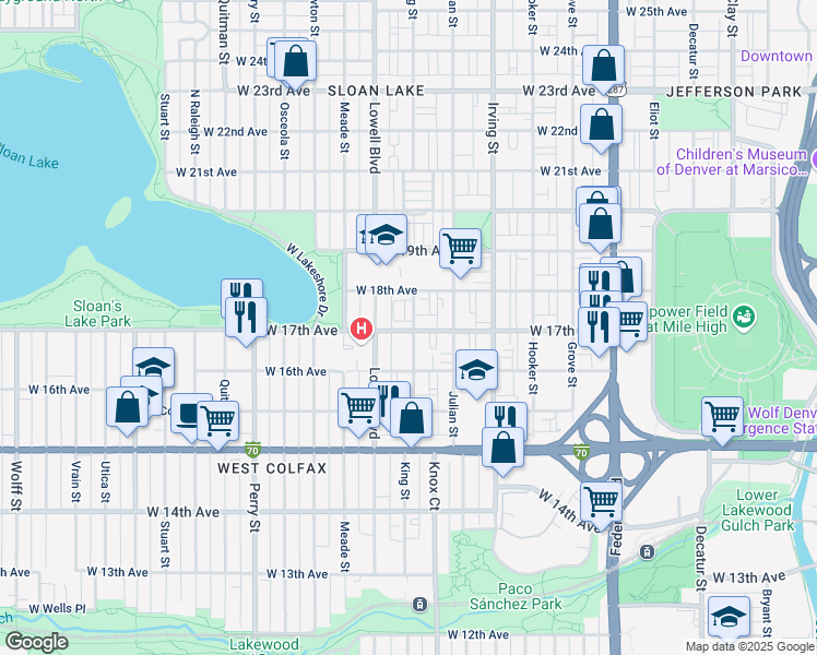 map of restaurants, bars, coffee shops, grocery stores, and more near 3501 West 17th Avenue in Denver