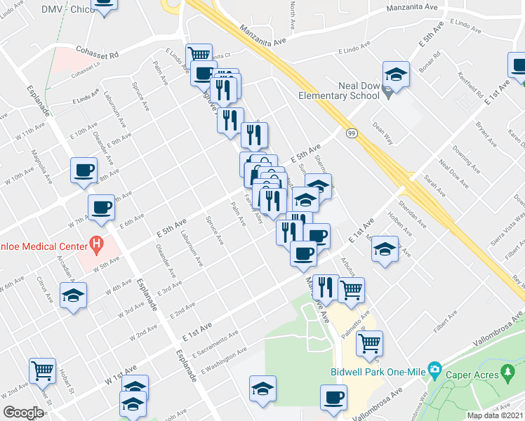 map of restaurants, bars, coffee shops, grocery stores, and more near 1351 Mangrove Avenue in Chico