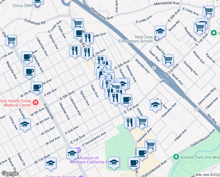 map of restaurants, bars, coffee shops, grocery stores, and more near 1324 Mangrove Avenue in Chico