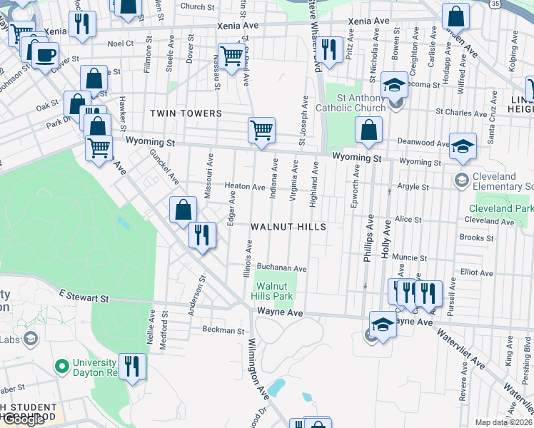 map of restaurants, bars, coffee shops, grocery stores, and more near 155 Indiana Avenue in Dayton