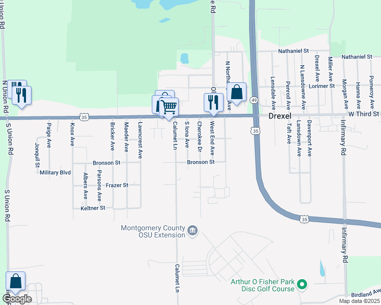 map of restaurants, bars, coffee shops, grocery stores, and more near 116 South Iona Avenue in Dayton