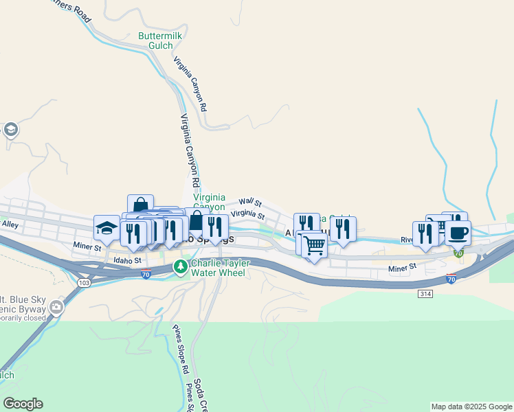 map of restaurants, bars, coffee shops, grocery stores, and more near 2103 Wall Street in Idaho Springs