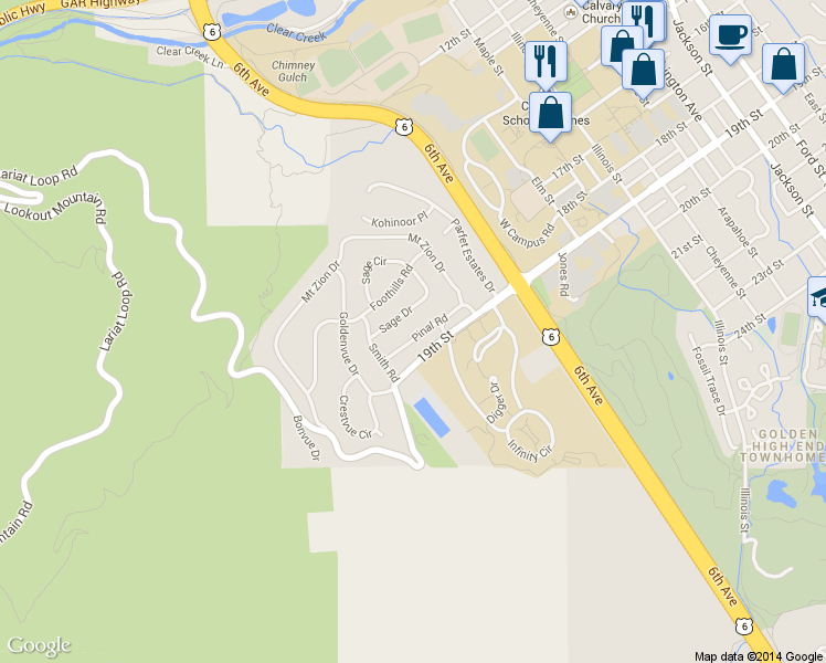 map of restaurants, bars, coffee shops, grocery stores, and more near 1912 Pinal Road in Golden