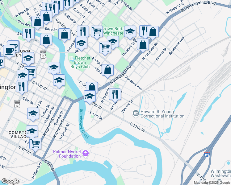 map of restaurants, bars, coffee shops, grocery stores, and more near 1133 East 14th Street in Wilmington