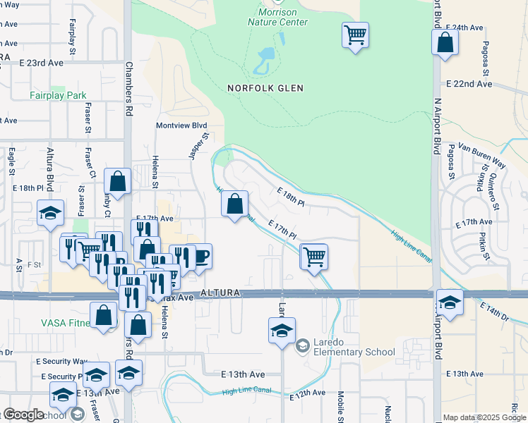 map of restaurants, bars, coffee shops, grocery stores, and more near 15987 East 17th Place in Aurora