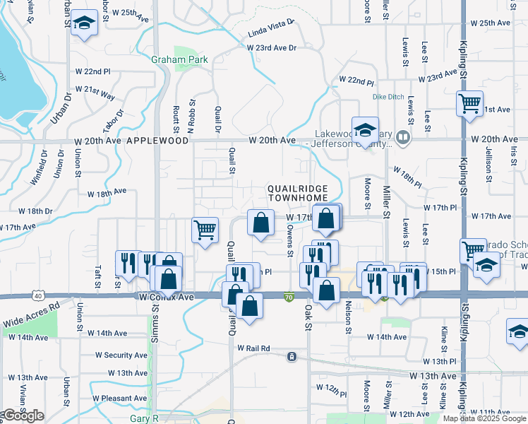 map of restaurants, bars, coffee shops, grocery stores, and more near 11181 West 17th Avenue in Lakewood