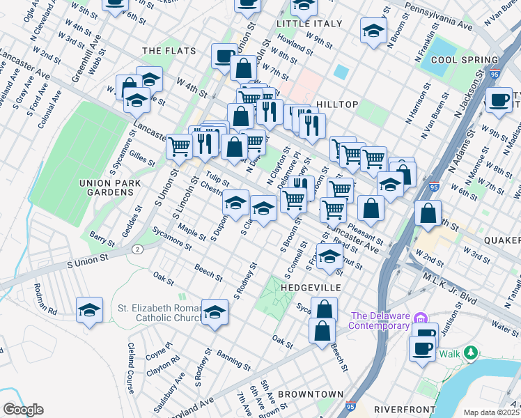 map of restaurants, bars, coffee shops, grocery stores, and more near 34 South Clayton Street in Wilmington