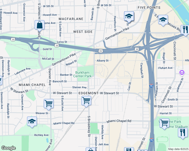 map of restaurants, bars, coffee shops, grocery stores, and more near South Broadway Street in Dayton