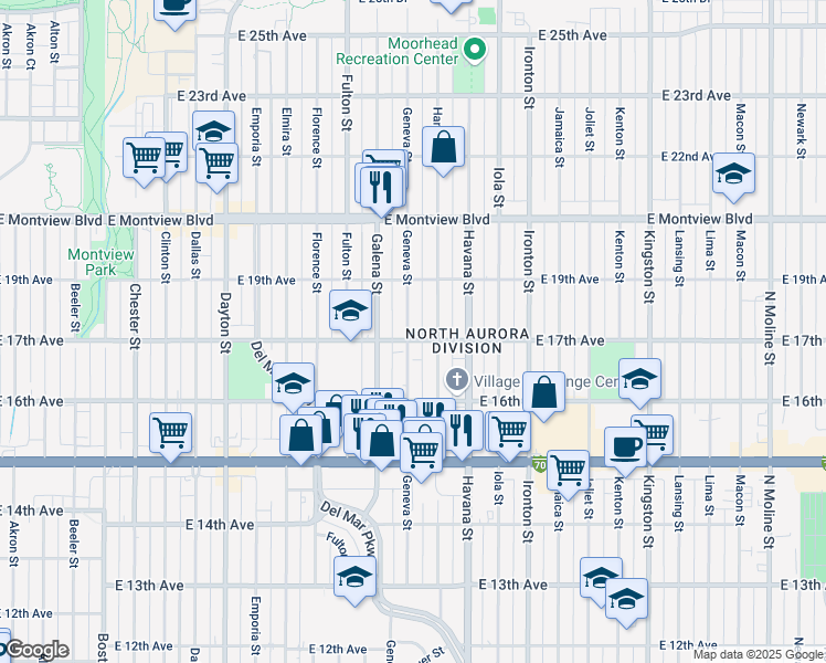 map of restaurants, bars, coffee shops, grocery stores, and more near 1708 Geneva Street in Aurora