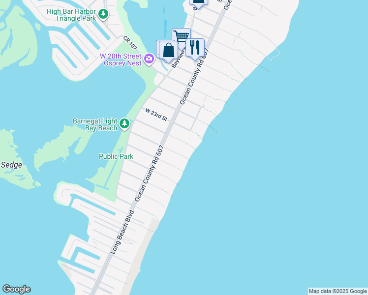 map of restaurants, bars, coffee shops, grocery stores, and more near 17 East 24th Street in Barnegat Light