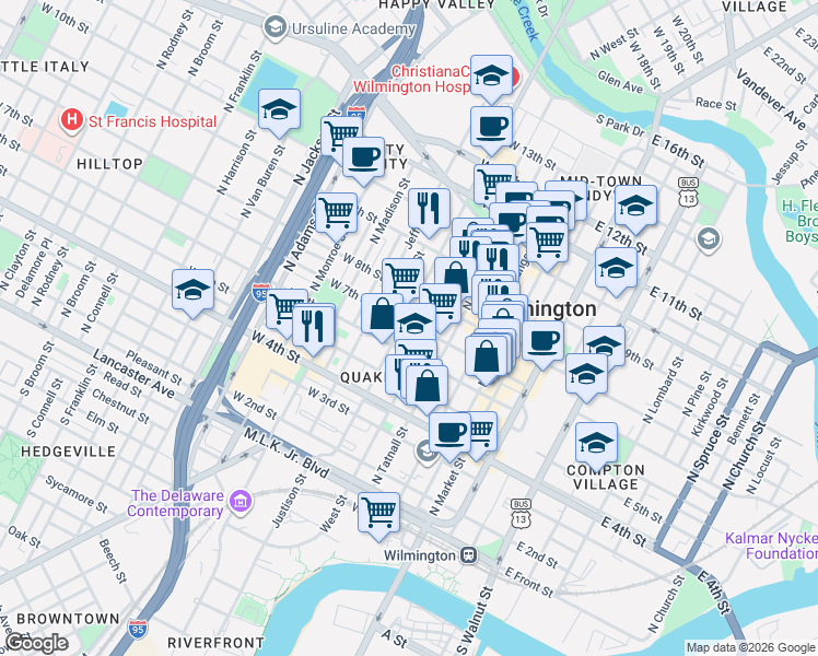 map of restaurants, bars, coffee shops, grocery stores, and more near 406 West 7th Street in Wilmington