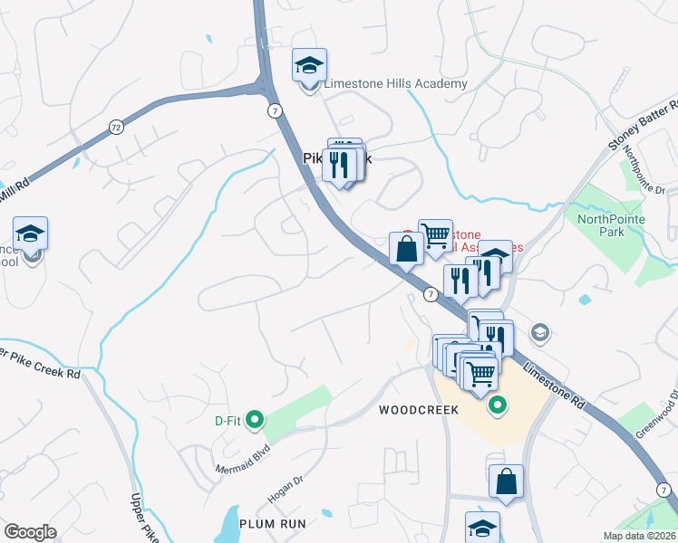 map of restaurants, bars, coffee shops, grocery stores, and more near 130 Attic Court in Wilmington