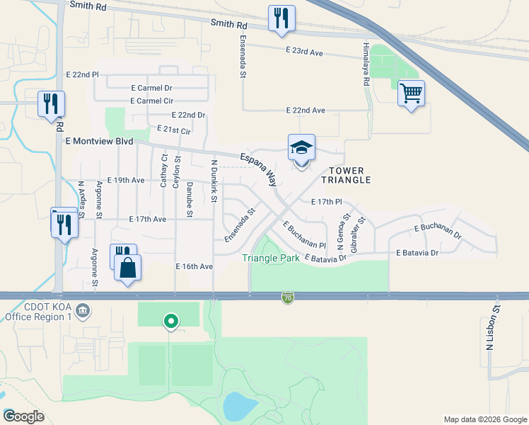 map of restaurants, bars, coffee shops, grocery stores, and more near 1691 Ensenada Way in Aurora