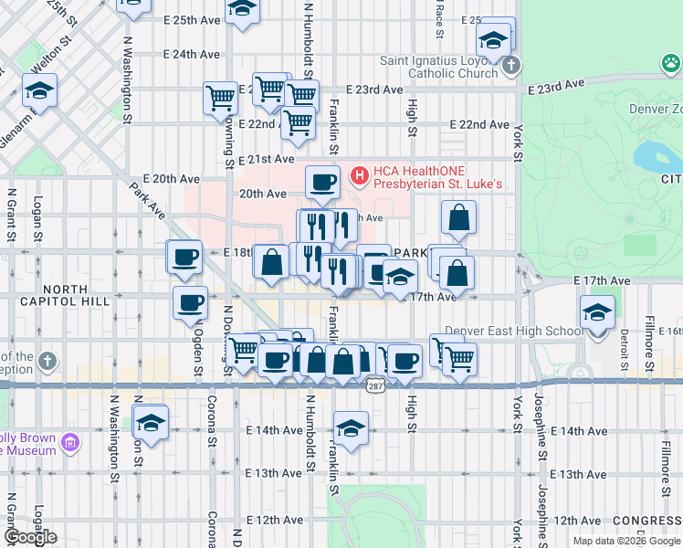 map of restaurants, bars, coffee shops, grocery stores, and more near 1735 Franklin Street in Denver