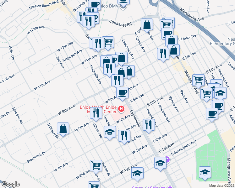 map of restaurants, bars, coffee shops, grocery stores, and more near 108 West 7th Avenue in Chico