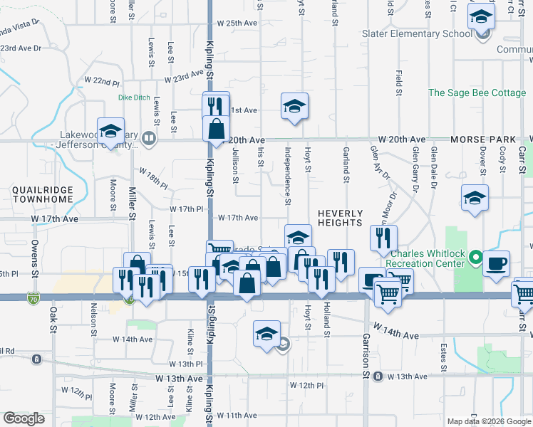 map of restaurants, bars, coffee shops, grocery stores, and more near 1725 Iris Street in Lakewood