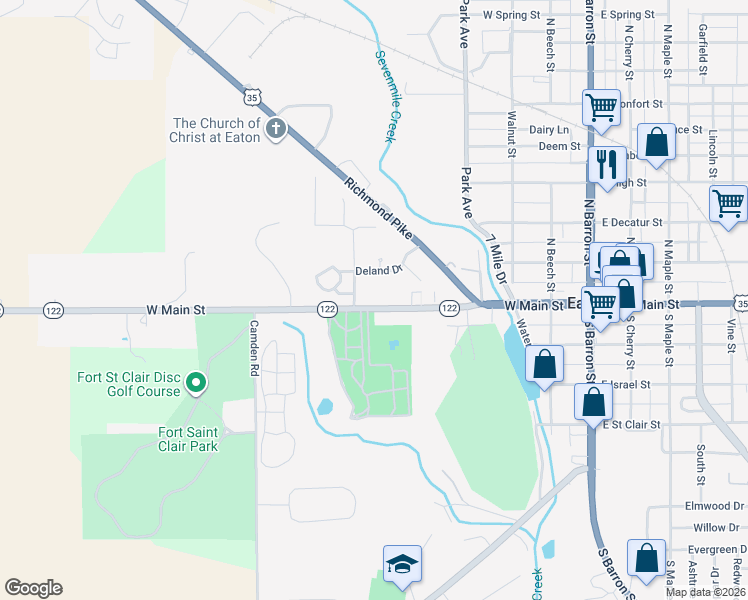 map of restaurants, bars, coffee shops, grocery stores, and more near 100 Lutheran Drive in Eaton
