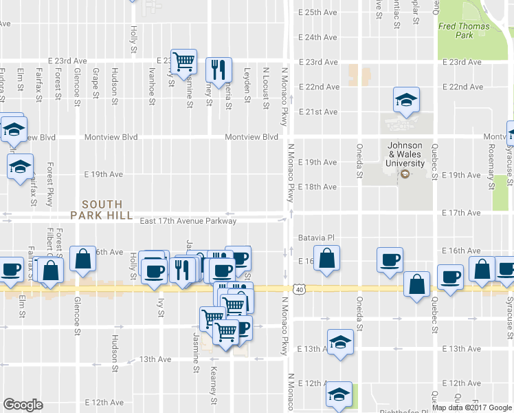 map of restaurants, bars, coffee shops, grocery stores, and more near 6325 East 17th Avenue Parkway in Denver