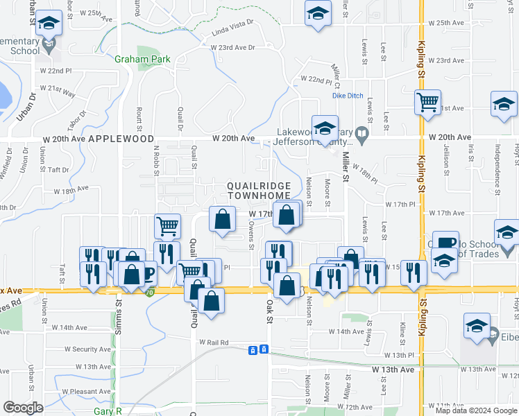 map of restaurants, bars, coffee shops, grocery stores, and more near 11151 West 17th Avenue in Lakewood