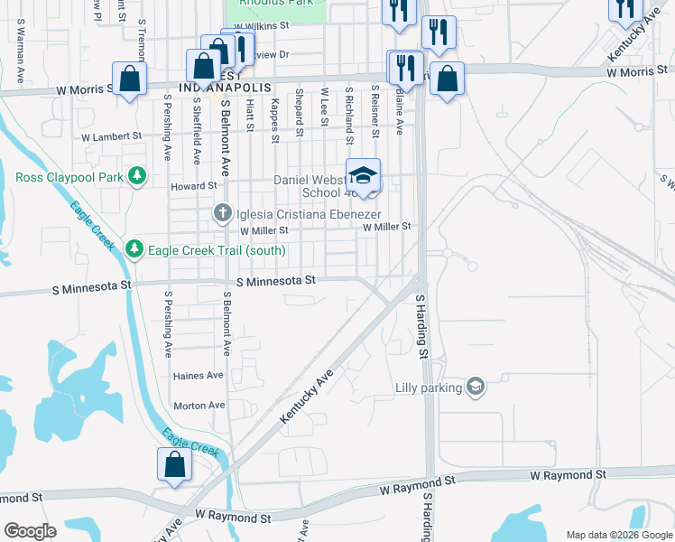 map of restaurants, bars, coffee shops, grocery stores, and more near 1748 West Minnesota Street in Indianapolis
