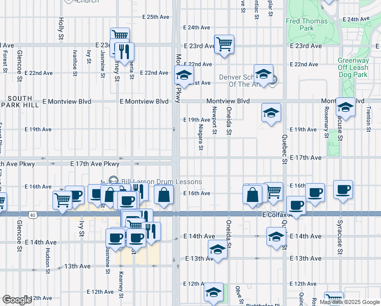 map of restaurants, bars, coffee shops, grocery stores, and more near 6603 East 17th Avenue in Denver