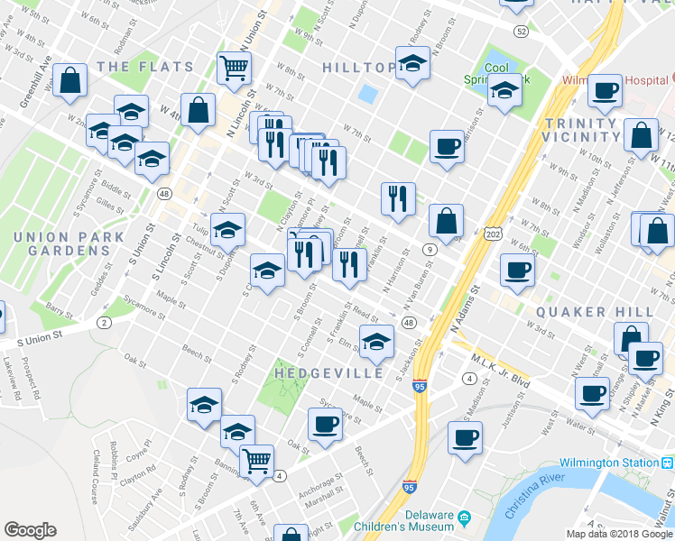 map of restaurants, bars, coffee shops, grocery stores, and more near 117 North Connell Street in Wilmington