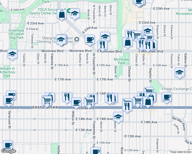 map of restaurants, bars, coffee shops, grocery stores, and more near 1708 Yosemite Street in Denver