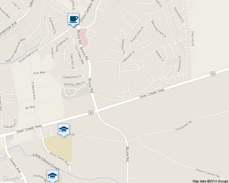 map of restaurants, bars, coffee shops, grocery stores, and more near 9 Sierra Lakeside Lane in Chico