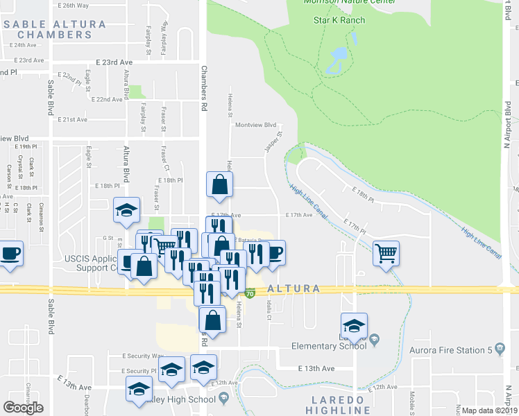 map of restaurants, bars, coffee shops, grocery stores, and more near 15607 East 17th Avenue in Aurora