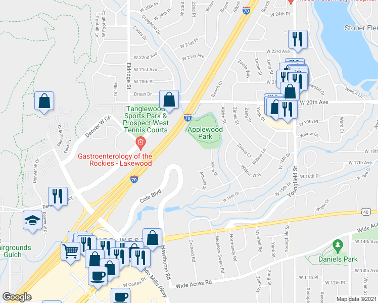 map of restaurants, bars, coffee shops, grocery stores, and more near 1607 Cole Boulevard in Golden
