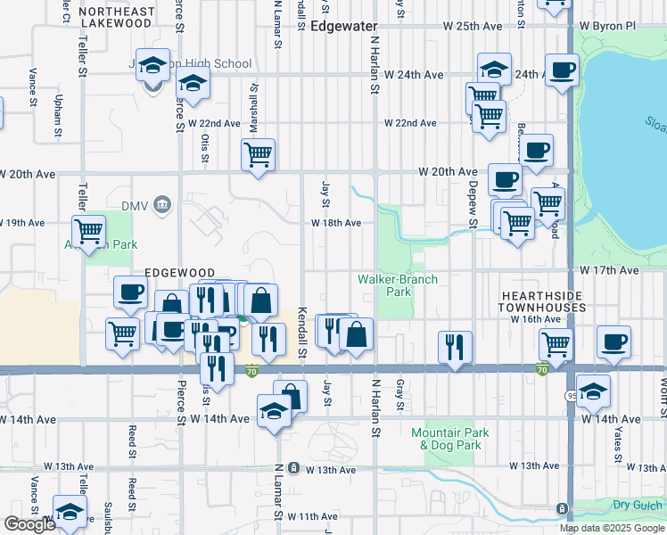 map of restaurants, bars, coffee shops, grocery stores, and more near 1700 Jay Street in Lakewood
