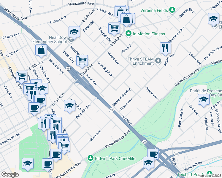 map of restaurants, bars, coffee shops, grocery stores, and more near 821 Neal Dow Ave in Chico