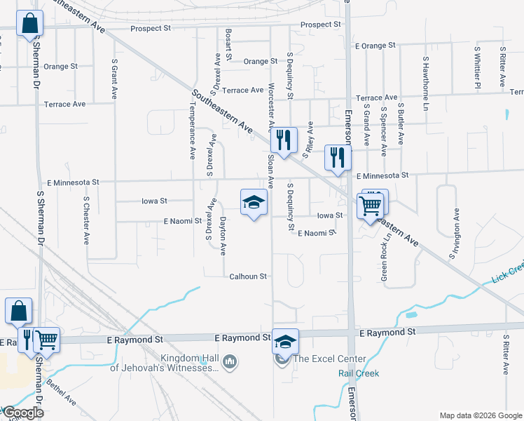 map of restaurants, bars, coffee shops, grocery stores, and more near 1738 Sloan Avenue in Indianapolis